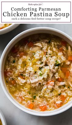 a white bowl filled with chicken and rice soup