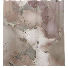 a shower curtain with an abstract design in grey, pink and beige colors on it