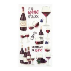 stickers with wine glasses and bottles on them, including one that says it is wine o'clock