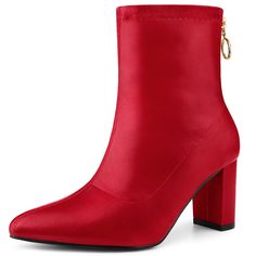 This classic ankle boot delivers romance with a back zip and curved block heels that are ready to stay out past midnight. The ankle boots will put a new winter in your step.; Chunky Heel Ankle Boots; Pointed Toe; Back Zip; Vamp: PU; Outsole: Rubber; Heel: ABS; Heel Height: 2 3/4 inches; Shaft Height: 6 2/7 inches. Pair them with coats and jackets to match your jeans on cold winter days. Elegant Red Block Heel Boots, Ankle Boots Pointed Toe, Chunky Heel Ankle Boots, Closed Toe Shoes, Block Heel Ankle Boots, Heel Ankle Boots, Winter Days, Heeled Ankle Boots, Chunky Heel