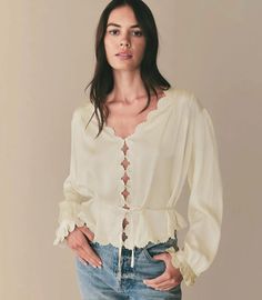 The Elayne Top features a plunging V-neckline, slightly cropped hem, and full-length sleeves adorned with double scallop detailing and embroidered swirls. Corduroy Top, Paisley Top, Shirt Embroidery, Silk Organza, Flowy Tops, Silk Crepe, Casual Blouse, Lace Blouse, Silk Top