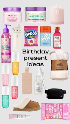 the words birthday present ideas are surrounded by various products and cosmetics items, including soaps, toothpaste, hand sanitizers