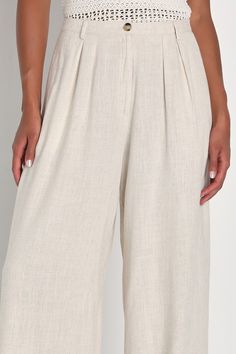 The Lulus Sweet Instincts Beige Linen High-Waisted Wide-Leg Trouser Pants is for the babe who works hard, and brunches even harder on the weekends! Lightweight linen-blend fabric shapes these ultra-chic pants that have a high-waisted silhouette with two belt loops, a top button closure, and a hidden zipper fly. Subtle pleating at the front and diagonal side pockets compliment the wide pant legs that end at ankle-length hems. Elastic at back for fit. Fit: This garment fits true to size. Length: A Chic Pants, Lulu Fashion, Wide Pants, Trouser Pants, Hidden Zipper, Ankle Length, Linen Blend, Elastic Waist, Wide Leg