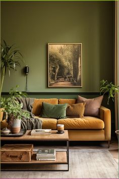 a living room filled with furniture and a painting on the wall above it's coffee table