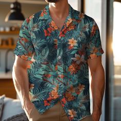 Introducing our Hawaiian Shirt for men, featuring vibrant floral patterns and a comfortable button-up design, perfect for the travel-loving boho enthusiast. This retro vacation wear blends style and comfort effortlessly, making it an ideal casual button-down choice for those seeking laid-back charm with a touch of nostalgia. 𝐃𝐄𝐓𝐀𝐈𝐋𝐒 🌴95% Polyester | 5% Spandex 🌴Boxy fit, straight cut 🌴Runs large, check your measurements against size chart 🌴Includes Chest Pocket 🌴Colors may appear dif Casual Green Floral Print Hawaiian Shirt, Green Hawaiian Shirt With Floral Print And Relaxed Fit, Green Floral Print Button-up Hawaiian Shirt, Green Floral Print Hawaiian Button-up Shirt, Green Floral Print Button-up Shirt, Summer Floral Print Green Shirt, Green Floral Print Summer Shirt, Green Collared Hawaiian Shirt With Floral Print, Multicolor Collared Hawaiian Shirt With Floral Print