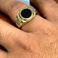 10K Solid Gold Mens Black Onyx Heavy Ring Yellow Solid Gold - Etsy Bosnia and Herzegovina Luxury Hallmarked Onyx Rings, Gold Diamond Ring With Black Enamel, Black Enamel Diamond Anniversary Ring, Round Black Enamel Diamond Ring For Anniversary, Gold Onyx Rings With Polished Finish, Luxury Round Onyx Jewelry, Luxury Black Enamel Signet Ring, Luxury Onyx Jewelry, Formal Gold Diamond Ring With Black Diamonds