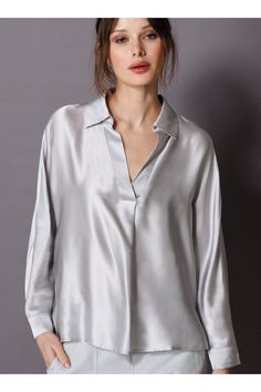 go by Go Silk Go Ease Up To T1721 | Ecru Cami Nyc, Button Long Sleeve, Polo Top, Effortless Elegance, Silk Charmeuse, Trina Turk, Basic Tops, New Tops, Sweater Blouse