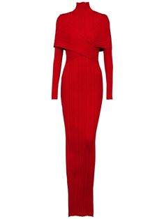 red fully pleated high neck layered details rear zip fastening engraved logo long length long sleeves straight hem Red Ribbed Long Sleeve Dress, Balmain Dress Evening Gowns, Chloe 2024, Tom Ford Dress, Red Toms, Pleated Knit, Balmain Dress, Red Long Sleeve Dress, Cute Dress Outfits