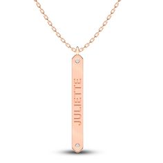 This classic nameplate style pendant necklace from the Juliette Maison collection features an engravable name or word of your choice (up to 8 upper-case letters), hugged by two dainty round diamonds. Wear it as a statement or expression of love for a person or place you want to keep close to you always. Fashioned in 10K rose gold, the 18-inch chain secures in place with a lobster clasp. This necklace may be personalized with 1 to 8 letters. Rose Gold Nameplate Necklace For Anniversary, Custom Rose Gold Nameplate Necklace For Anniversary, Rose Gold Nameplate Necklace For Personalized Gift, Elegant Nameplate Necklace With Engraving Option, Rose Gold Nameplate Necklace With Hallmarks, Classic Rose Gold Nameplate Necklace, Luxury Rose Gold Nameplate Necklace, Elegant Pendant Name Necklace With Engraving Option, Classic Rose Gold Nameplate Jewelry