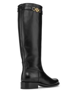 "Find VERSACE Medusa Leather Knee-high Boots on Editorialist. Made in Italy,. these Versace knee-high boots are crafted of leather and feature the brand's iconic Medusa head logo. Round toe Pulls on Leather upper Leather lining Leather sole Made in Italy SIZE Heel: about 1\" (25mm) ABOUT THE BRAND Founded in 1978, Versace is instantly recognizable by the signature Medusa head logo, chosen by founder Gianni Versace for its Greek symbolism. The Italian label is known for its luxe, bold clothing an Bold Clothing, Medusa Head, Donatella Versace, Knee High Leather Boots, Gianni Versace, High Boots, Knee High Boots, Black Boots, Knee High