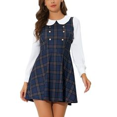 This doll collar dress with puff sleeves pair with boots or sandals on dating, Christmas parties, street, Evening Dinner for a Romantic Lady Feeling.Plaids Contrast Peter Pan Collar Mini Dress shows your feminine sense. Stepping into the plaids dresses with a contrasting collar perfect for a Preppy or Christmas look. Contrast color plaid dresses decorated with metal buckle that has created the retro preppy style. Detailing with a hidden zipper at the back for easy wear. A-line shape dress comple Doll Collar Dress, Collar Mini Dress, Plaid Dresses, Shape Dress, Evening Dinner, Christmas Look, Dress With Puff Sleeves, Retro Preppy, Doll Collar