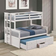 a white bunk bed with drawers underneath it