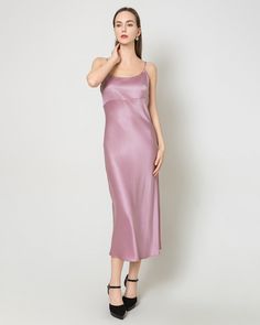 Solid Color Satin Midi Dress With Spaghetti Straps, Solid Color Midi Dress With Spaghetti Straps For Brunch, Elegant Midi Length Suspender Dress For Brunch, Elegant Pink Midi Dress With Adjustable Straps, Pink Midi Dress With Adjustable Spaghetti Straps, Pink Midi Dress With Spaghetti Straps And Adjustable Straps, Chic Pink Slip Dress With Adjustable Straps, Spring Elegant Satin Suspender Dress, Sleeveless Purple Dress With Adjustable Straps