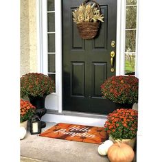 front door decorated with pumpkins and gourds