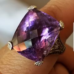 10k White Gold. About A Size 8. Huge 20 Carat Plus Checkered Amethyst With Pink Tourmaline On Each Side. 4 Diamond La On Each Corner. Unsure Of Exact Size But About A Size 7.5 To 8. Unsure Of Exact Size. Purple Ring With Gemstone Accents For Formal Occasions, Luxury Vvs Clarity Amethyst Ring For Formal Occasions, Formal Amethyst Diamond Cut Ring, Formal Amethyst Diamond Ring With Diamond Cut, Formal Diamond Cut Amethyst Ring With Diamonds, Luxury Diamond Cut Amethyst Ring For Formal Events, Luxury Sterling Silver Amethyst Ring For Formal Events, Luxury Sterling Silver Amethyst Ring For Formal Occasions, Classic Amethyst Gemstones With Accents