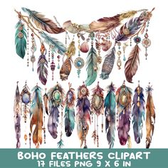 the boho feathers clipart is shown with different colors and sizes, including one for each