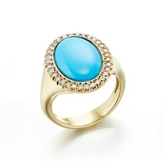 Our eye-catching ring pairs the vivid warmth of turquoise with the cool shimmer of diamonds, crafting a unique harmony of color and light. Since 1861, Gump's has been a destination for jewelry that is distinctive and timeless. Featuring only the finest materials, each piece is a statement of elegance. Turquoise. Diamonds, 0.25ctw. 18-karat yellow gold. Turquoise Diamond Rings, William Yeoward Crystal, Color And Light, Bangle Ring, Diamond Halo Ring, Jewelry By Material, Spring Jewelry, Locket Charms, Halo Diamond Ring