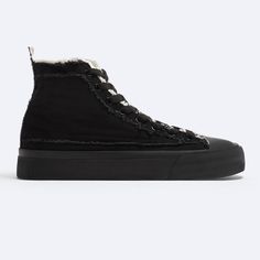 Nwt. Zara Man Black Frayed Canvas High-Top Sneakers. Smooth Denim Print Upper With Interior Contrast Color. Lacing With Eight Pairs Of Eyelets. Slightly Chunky Sole. Size 12. Ref. 2108/220. Sh14 Casual High-top Sneakers With Textured Sole For Winter, Casual Winter High-top Sneakers With Textured Sole, Black High-top Winter Sneakers With Textured Sole, Black Textile Sneakers With Vulcanized Sole, Winter High-top Sneakers With Textured Sole In Black, Winter High-top Sneakers With Textured Sole For Streetwear, Winter Black High-top Sneakers With Textured Sole, Winter Streetwear Sneakers With Textured Sole, Winter Low-top Sneakers With Contrast Sole