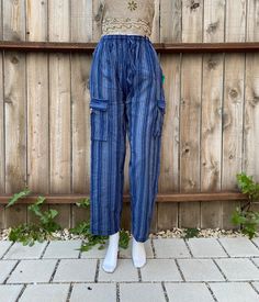 Striped Hippie Trousers  Simple unisex summer pants with 4 side pockets and 1 back pocket.  Elastic drawstring with straight leg fit.  100% Cotton (not pre-shrunk)  Sizes M / L / XL correlate to US Size S / M / L  Length is 39in Hand wash with cold water and hang dry  Please message with any questions Striped Long Pants For Summer, Blue Summer Cargo Pants With Hip Pockets, Blue Cargo Pants With Hip Pockets For Summer, Bohemian Long Pants With Side Pockets, Fitted Cotton Cargo Pants For Summer, Casual Fitted Harem Pants For Beach, Fitted Casual Harem Pants For Beach, Fitted Casual Harem Pants For The Beach, Striped Long Pants With Pockets