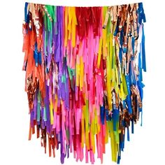 multicolored streamers hanging from the ceiling on a white background with clippings