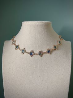 Mixed Blue Green Diamond Choker Necklace, Elegant Regency Gold Historical Tudor Necklace, Medieval Dainty Ethereal Jewelry - Etsy Yule Ball Jewelry, Royal Necklace Jewelry, Regency Jewelry Necklaces, Medieval Jewelry Necklaces, Bridgeton Accessories, Elegant Blue Crystal Necklace With Clavicle Chain, Blue Clavicle Chain Necklace For Wedding, Elegant Gemstone Crystal Choker Necklace, Elegant Gemstone Crystal Choker