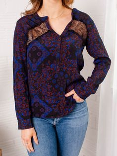 Lace Inset Split Neck Button Front Top. Night Out Style, Love Stitch, Button Front Top, Lace Inset, Paisley Print, Traditional Style, Bold Colors, Cobalt, Date Night