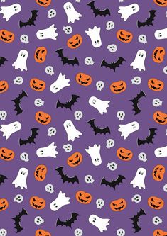 halloween seamless pattern with pumpkins and ghost heads on purple background for wallpaper