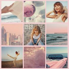 a collage of photos with pink and blue colors, including an image of a woman