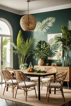 a dining room with green walls and plants