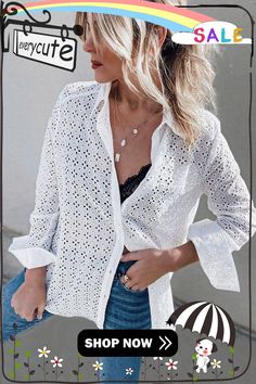 White Long Sleeve Eyelet Floral Pattern Hollow-out Shirt White Beach Shirt For Fall, White Shirt For Beach, Fall Season, Women Tops, Shirt Women, White Long Sleeve, Floral Pattern, Blouses, Long Sleeve, Floral