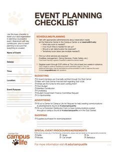 the event planning checklist is shown in orange and white, with paw prints on it