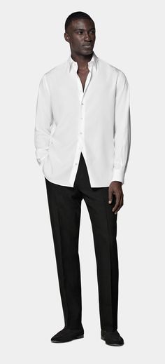 White Large Classic Collar Slim Fit Shirt in Lyocell & Mulberry Silk | SUITSUPPLY US White Collared Business Shirt, Tailored Business Top, Tailored Solid Color Business Tops, Classic Single Breasted Button-up Top, Tailored Solid Tops For Business, Modern Semi-formal Shirt With Button Cuffs, Tailored Top For Business, Classic Single-breasted Button-up Top, Modern Formal Top With Lapel Collar