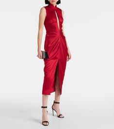 Draped cutout midi dress in red - Rasario | Mytheresa Chic Ruched Dress With Cut-out Waist, Elegant Fitted Midi Dress With Cut-out Waist, Ruched Dress With Cut-out Waist For Night Out, Elegant Midi Dress With Cut-out Waist For Cocktail, Elegant Bodycon Dress With Cut-out Waist For Party, Elegant Cut-out Waist Bodycon Dress For Date Night, Elegant Midi Dress With Cut-out Waist, Fitted Midi Dress With Cut-out Waist For Party, Ruched Sheath Midi Dress For Gala