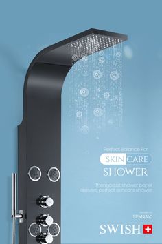 a shower head with the words skin care shower on it and an image of rain coming out