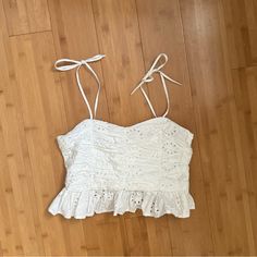 Zara Embroidered Crop Top Small. Condition: New With Tags! I Got The Wrong Size So Repurchased In My Correct Size. V Neckline With Adjustable Tied Spaghetti Straps. Embroidered Eyelet Detail. Flounced Hem. Side Hidden In Seam Zip Closure. Adjustable Strap Crop Top. Crop Blouse. Cropped Blouse. Peplum. Ribbon Tie. Bow. Cottage Core. Summer Brunch Tops With Broderie Anglaise, Chic Lace Tops With Eyelet Details, Summer Broderie Anglaise Tops For Brunch, White Broderie Anglaise Lace Top For Spring, White Broderie Anglaise Lace Top For Summer, Chic Lace Eyelet Tops, Summer Cropped Top With Broderie Anglaise, Cropped Broderie Anglaise Top For Summer, Broderie Anglaise Cropped Top For Summer