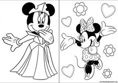 mickey and minnie mouse coloring pages with hearts on the wall in the background, one is black and white