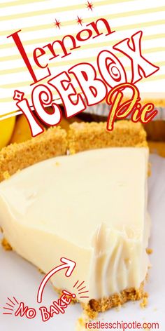 there is a piece of lemon tartboy pie on the plate with text overlay