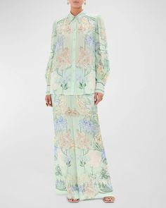 Camilla Floral Silk Button-Front Blouson-Sleeve Blouse | Neiman Marcus Painterly Florals, Soft Tailoring, Blouson Sleeve, Leggings Sale, Luxury Silk, Blouse Online, Skirt Leggings, Jacket Sale, Silk Blouse