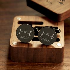 "Metal cufflinks with a diameter of 20 mm, square walnut gift box (1.5 × 1.5 × 1 inch). Add your personalization  Please select the cufflinks and box and write the information you need to customize: for example - Cufflinks (A) J N  - Box Engraving (Style 1) M Monica - You can also choose a different design for both cufflinks, for example - Cufflinks A+B I will send you a mock-up via Etsy Inbox - you can modify it until you are satisfied  The design is customizable! If you would like to use your Father Of Bride, Grooms Men, Custom Cufflinks, Engraved Box, Personalized Cufflinks, Wedding Day Gifts, Gift Husband, Meaningful Messages, Name Design