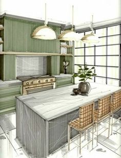 an artistic rendering of a kitchen with green cabinets and counter tops, along with wicker chairs