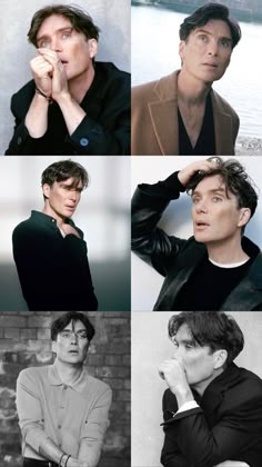 four different pictures of the same man in black and white, one with his hands on his face