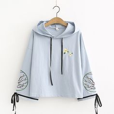 Blossom Embroidery Ribbon Loose Hoodie Hooded Hoodie With Floral Embroidery For Spring, Casual Hooded Hoodie With Floral Embroidery, Spring Embroidered Hooded Hoodie, Embroidered Hooded Hoodie For Spring, Hooded Embroidered Sweatshirt For Spring, Embroidered Hooded Sweatshirt For Spring, Floral Embroidery Long Sleeve Hoodie For Fall, Casual Spring Hoodie Top, Spring Hoodie With Drawstring