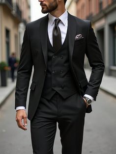 2pcs Men's Solid Color Shawl Collar Long Sleeve Business Casual Suit Jacket And Pants Set, Suits,Gifts For Boyfriend Black Work    Plain  Non-Stretch  Men Clothing, size features are:Bust: ,Length: ,Sleeve Length: Black Suits With Gold Accents Men, Professional Suits Men, Wedding Stuff For Groom, Black And White Groomsmen Suits, Black On Black Suit Men Wedding, Black And White Groom Attire, Black Groom Suit Wedding, Black Tie Wedding Groom, Mens Black Suit Outfit