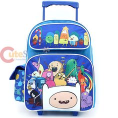 Adventure Time School Roller Backpack 16" Large Rolling Bag -Finn Jake Friends Adjustable Blue School Bag, Adjustable Blue School Bags, Blue Adventure Backpack, Blue Adventure Backpack Standard Shape, Blue Backpack For Adventure And Back To School, Blue Backpack For Back To School Adventure, Adjustable Standard Backpack For Students, Rectangular Bags For Adventure And Back To School, Adjustable Blue School Backpack