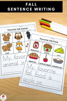 two printable worksheets with the words fall sentence writing