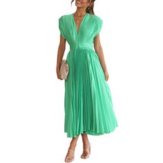 Green All-over Pleated V Neck Zip Midi Dress Vacation V-neck Pleated Midi Dress, Pleated V-neck Midi Dress For Vacation, V-neck Pleated Midi Dress For Vacation, Green Pleated Midi Maxi Dress, Pleated V-neck Midi Dress For Day Out, V-neck Pleated Midi Dress For Day Out, Spring Solid Pleated Maxi Dress, Summer V-neck Pleated Workwear Dress, V-neck Pleated Summer Dress For Work