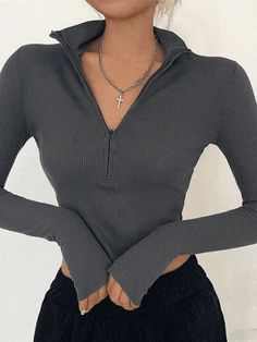 Half Zip Long Sleeve Crop Top – AnotherChill Mock Neck Crop Top, Turtle Neck Crop Top, Style Party, Cropped Tops, Long Sleeve Turtleneck, Solid Clothes, Wide Pants, Mua Sắm, Casual T Shirt