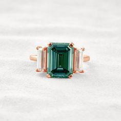 6.2 CT Dark Green Emerald Cut 3 Stones Moissanite Diamond Engagement Ring In Rose Gold Emerald Cut Diamond Ring, Three Stone Diamond Ring, Emerald Cut Moissanite, Emerald Cut Rings, Three Stone Diamond, Emerald Engagement Ring Cut, Etsy Wedding Rings, Diamond Anniversary Rings, Step Cut