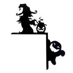 a black and white silhouette of a witch with a jack - o'- lantern