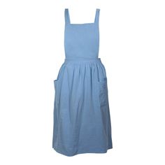 a blue dress with straps and pockets on the front, sitting against a white background